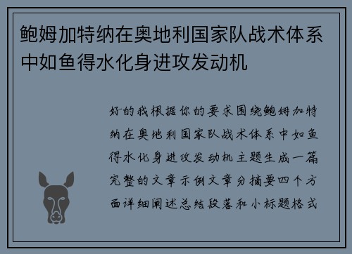 鲍姆加特纳在奥地利国家队战术体系中如鱼得水化身进攻发动机 鲍姆加特纳在奥地利国家队战术体系中如鱼得水化身进攻发动机